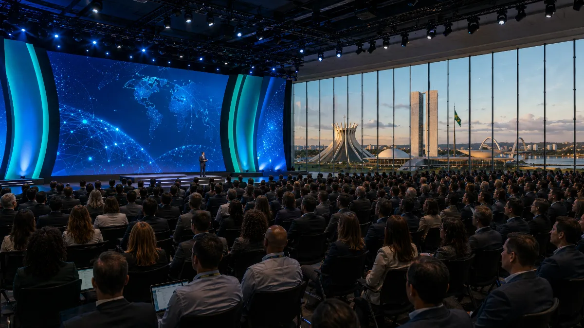 Large technology conference hall in Brasília with attendees seated in front of a stage