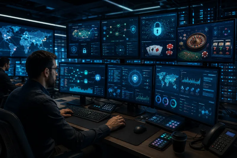 Cybersecurity analyst monitoring encrypted casino gaming transactions on multiple screens