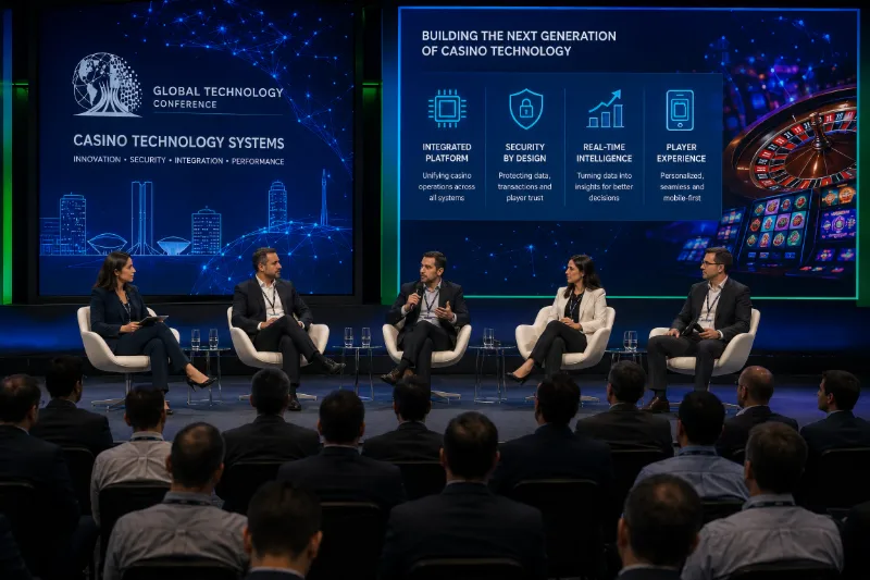 Conference panel discussing casino technology systems on a stage with digital screens