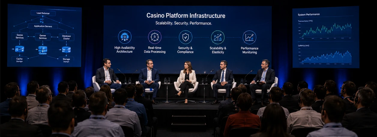 Technology conference panel discussing casino platform infrastructure with digital screens and audience seating