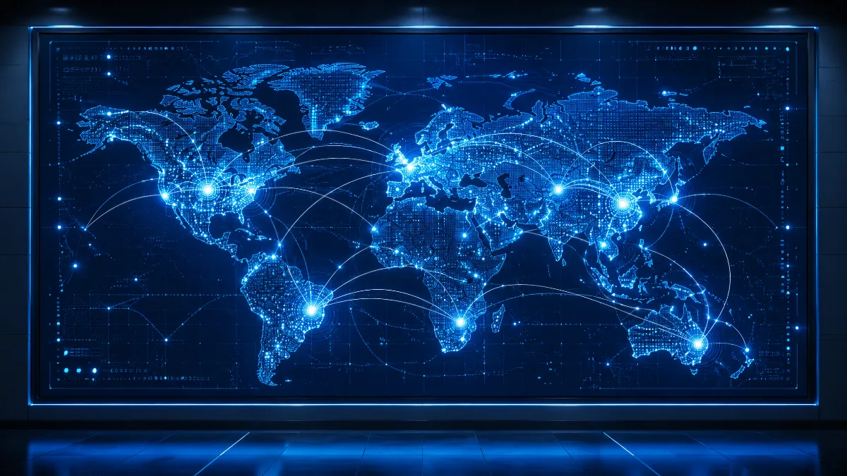 Large digital world map on a screen showing connected technology hubs and network lines