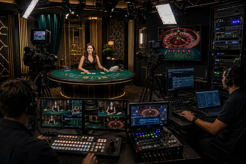 Live casino streaming studio with cameras, lights, monitors, and network equipment