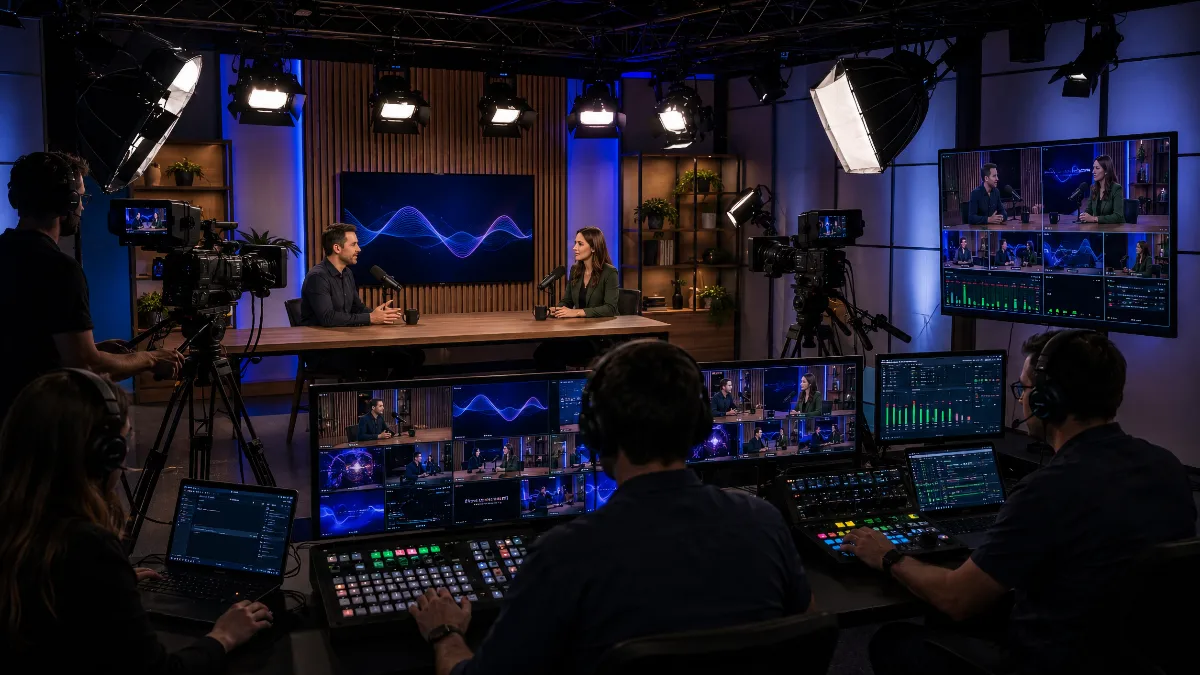 Professional live streaming studio with cameras, lighting equipment, and production monitors