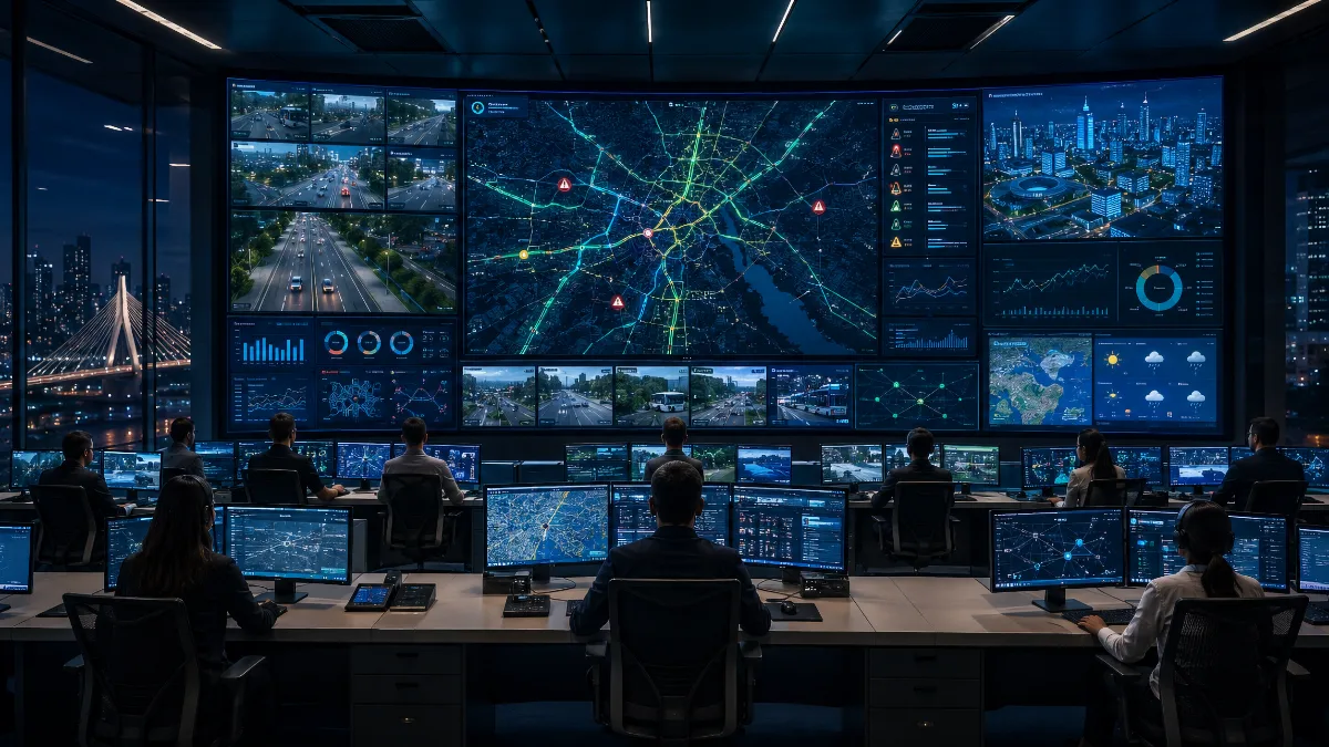 Smart city control room with large screens showing traffic maps and urban data dashboards
