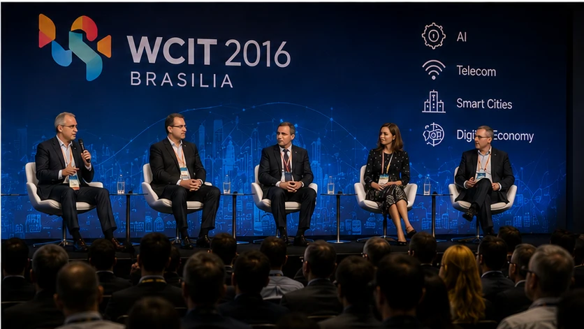 WCIT 2016 Brasilia speaker panel discussing smart cities telecom AI and digital economy topics