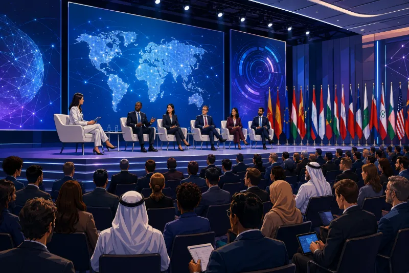 International technology congress stage with flags, speakers, and audience members